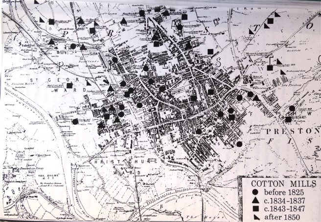 Map showing position and date of cotton mills in 19th-century Preston