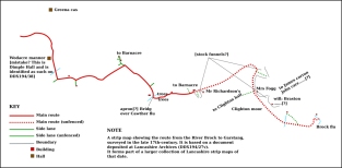 Reconstruction of a 17th-century map of the route from the River Brock to Garstang in Lancashire