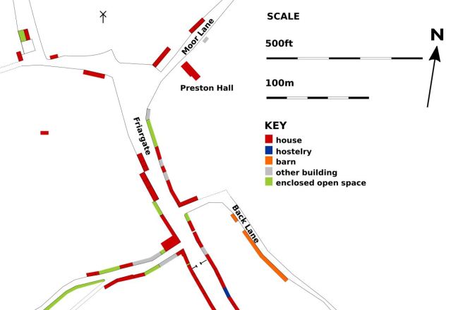 Plan showing location of Preston Hall in Preston Lancashire, the home of the Preston family