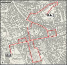 Map of Victorian Preston Lancashire UK showing route taken by visiting reporter