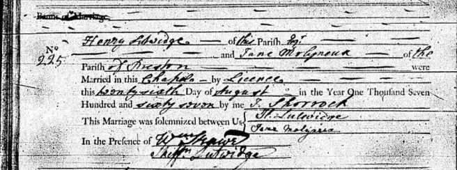 Marriage certificate of Henry Lutwidge and Jane Molyneux