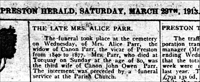 Death notice for Mrs Alice Parr