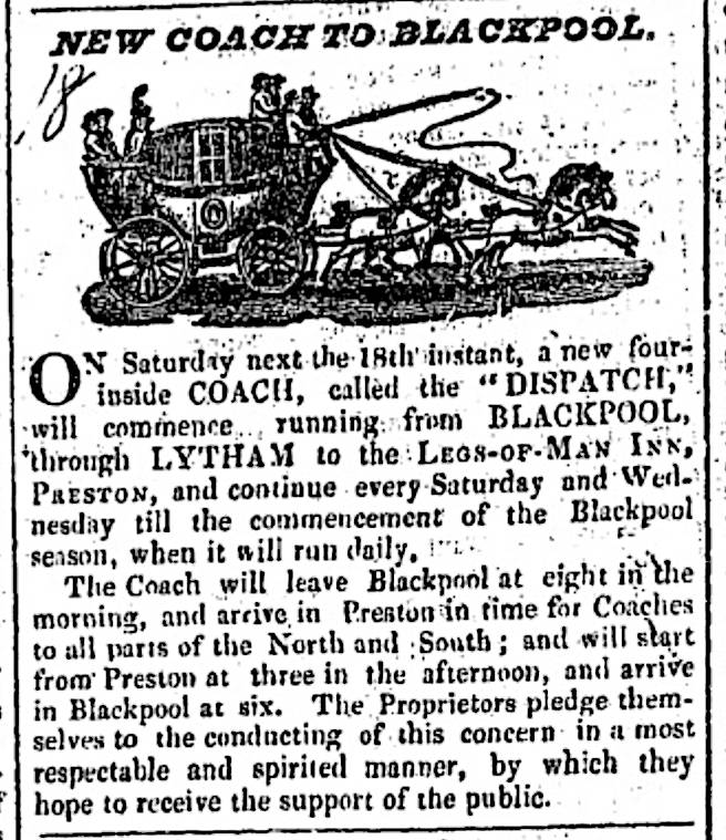 Advert for a stagecoach service between Preston and Blackpool
